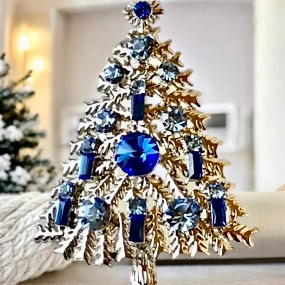 Christmas Tree Vintage Brooch Blue Round Rhinestones & Baguette Silvertone Metal